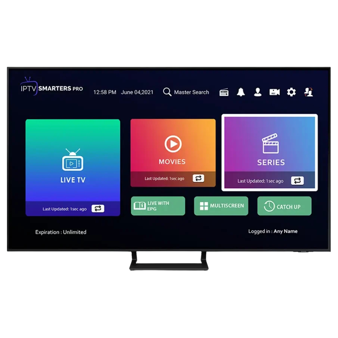 Écran d'accueil de l'application IPTV Smarters Pro sur Smart TV : Live TV, Movies, Series, EPG, Multiscreen, Catch Up